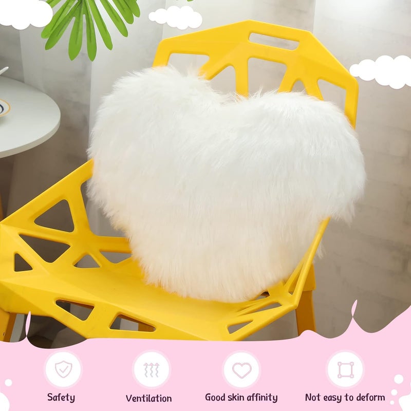 Enhon 2 Pcs Fluffy Heart Pillows Faux Fur Heart Shaped Plush Pillow Soft 20 x 15.7 Inch Love Throw Pillows with Insert for Decorative Office Home Bedroom Living Room Sofa(White) - Image 5